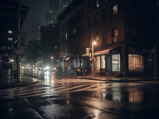 Una escena callejera con un farol y un letrero que dice nyc.