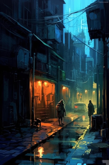 Una escena callejera con un hombre caminando en la oscuridad.