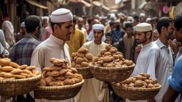 Una escena callejera con un hombre vendiendo panes.