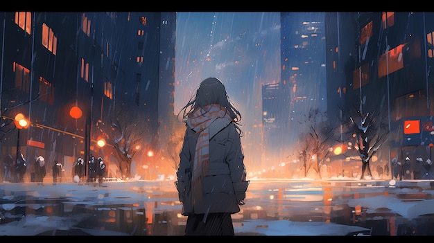 escena callejera de invierno con personas en estilo anime