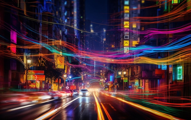 Una escena callejera con un letrero de neón que dice "ciudad de las luces".