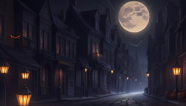 una escena callejera con una luna llena en el fondo