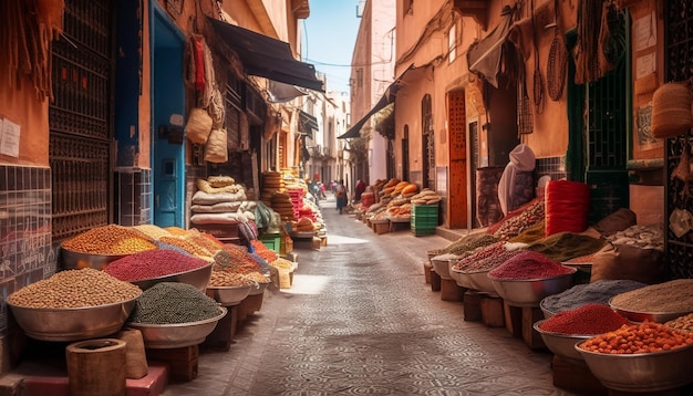 Una escena callejera con un mercado con especias.