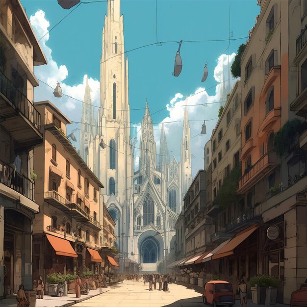 Escena callejera de Milán con una iglesia al fondo