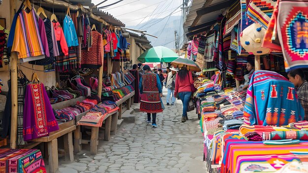 Foto una escena callejera con una mujer caminando frente a un mercado con muchos artículos