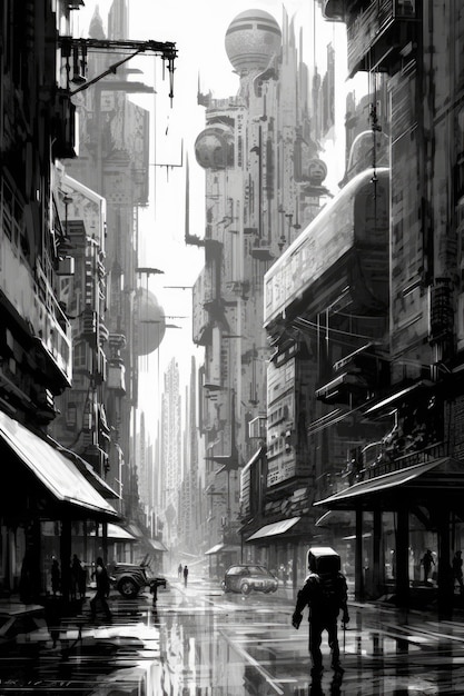 Una escena callejera con un paisaje urbano y una calle con edificios y un letrero que dice "cyberpunk"