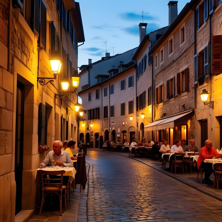 una escena callejera con un restaurante y una luz callejera