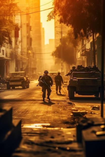 Una escena callejera con soldados en medio de la calle y el sol se está poniendo.