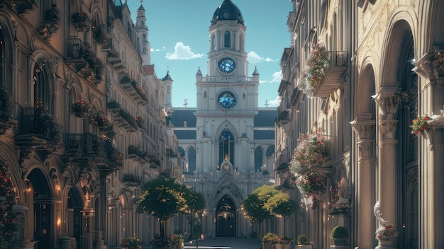 Una escena callejera con una torre de reloj y la palabra santo - denis en ella.