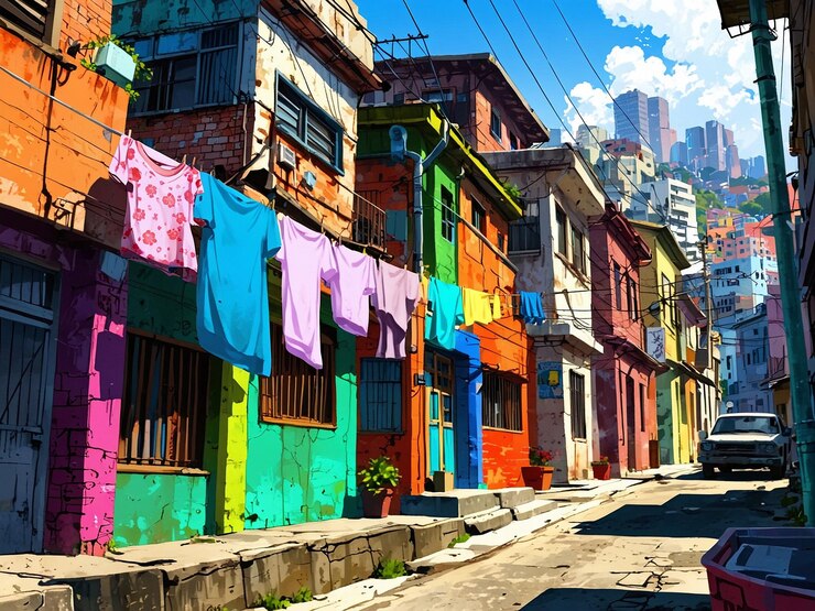 Una escena callejera vibrante y colorida en una favela