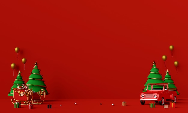 Escena de camión de Navidad lleno de regalos de Navidad y fondo de trineo