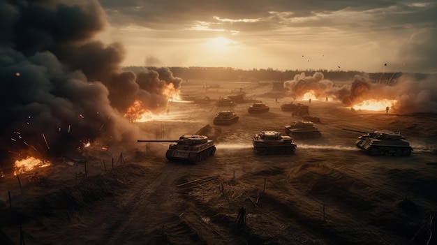 Escena del campo de batalla de guerra con tanques militares que van a la guerra con explosiones