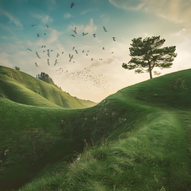 Una escena de campo sereno colinas verdes exuberantes con nubes blancas esponjosas