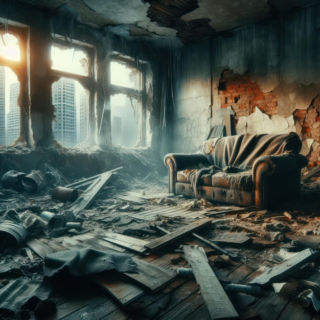 Una escena caótica de destrucción en esta sala de estar con un sofá volcado como la pieza central del