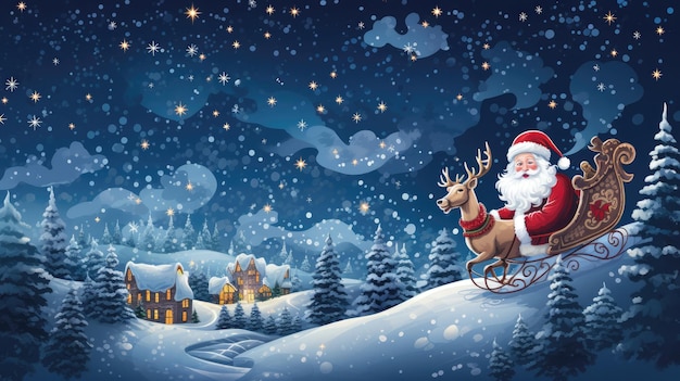 una escena caprichosa con Papá Noel y sus renos surcando el cielo estrellado