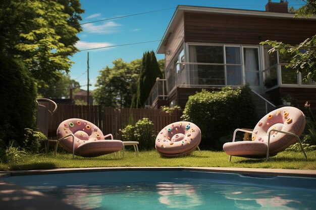 Foto escena caprichosa con una piscina en forma de rosquilla flotando en un patio trasero soleado