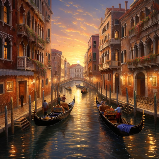 Escena caprichosa en Venecia con góndolas y monumentos