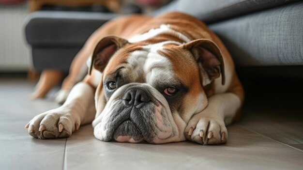 La escena captura un retrato en primer plano de un bulldog inglés descansando en el suelo pareciendo aburrido