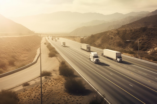 Escena de la carretera con camiones de carga que transportan mercancías AI.