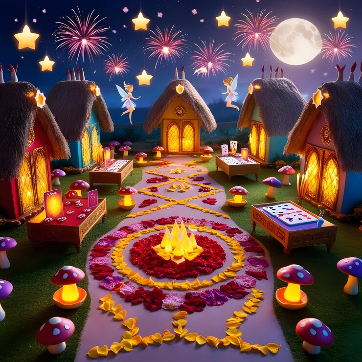una escena con una casa y un hogar con fuegos artificiales en el fondo