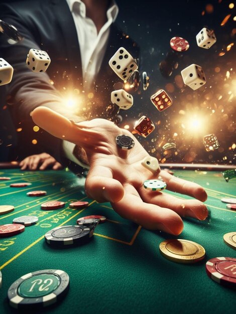 escena de casino en una mesa de juego congelar acción volar dados cartas y fichas bokeh oscuro mano humana