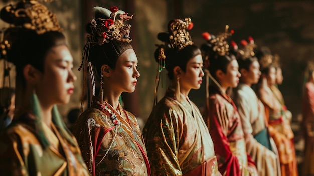 Una escena cautivadora de una corte real de la dinastía Shang con nobles adornados con intrincadas túnicas de seda y h