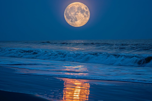 Una escena cautivadora de una luna llena colgando sobre el océano con su luz reflejándose en las suaves olas al crepúsculo