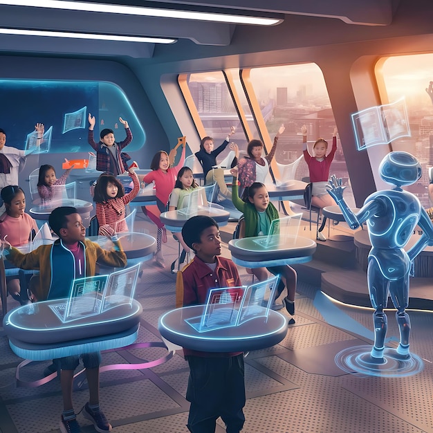 Una escena cautivadora de niños en un aula de escuela futurista con diseño moderno elegante y avanzado