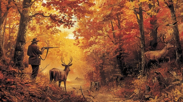 Escena de caza de otoño antigua con ciervos cazadores y denso bosque en tonos de ámbar