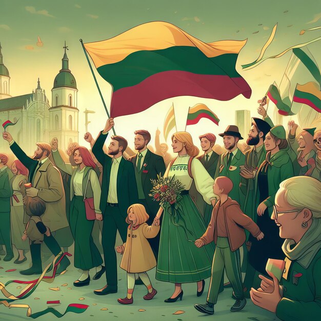 Escena de celebración de algunas personas que llevan la bandera lituana