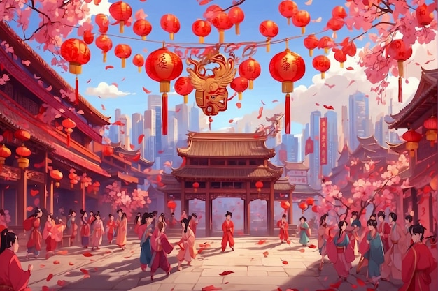 Escena de celebración del año nuevo chino en estilo anime