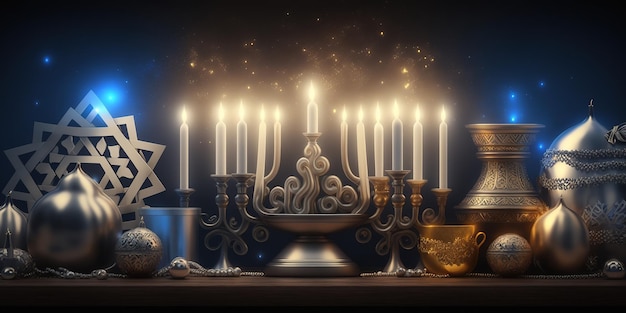 Escena de celebración de Hanukkah para el festival Fondo de fiesta judía de Hanukkah con símbolo tradicional