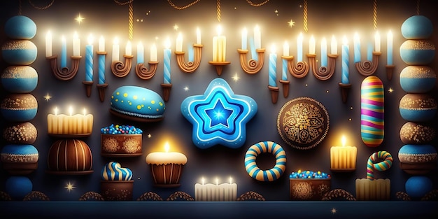 Escena de celebración de Hanukkah para el festival Fondo de fiesta judía de Hanukkah con símbolo tradicional