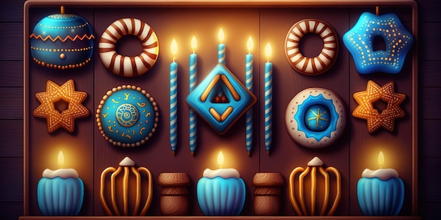 Escena de celebración de Hanukkah para el festival Fondo de fiesta judía de Hanukkah con símbolo tradicional