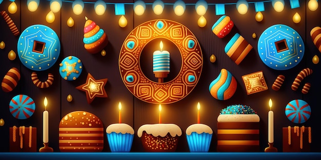 Escena de celebración de Hanukkah para el festival Fondo de fiesta judía de Hanukkah con símbolo tradicional