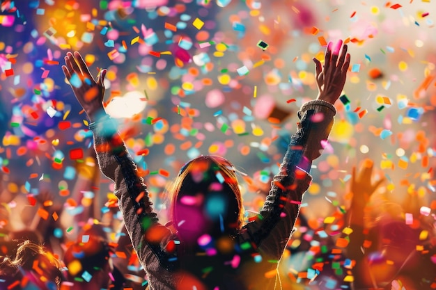 Foto escena de celebración vibrante con una persona en medio de confeti bajo un cielo colorido