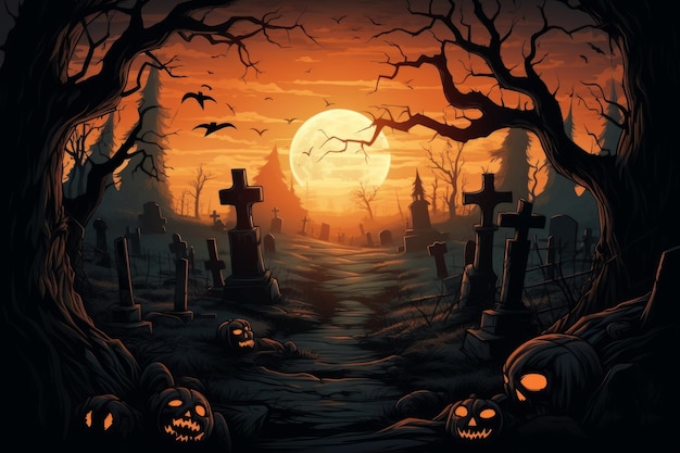 Escena del cementerio con lápidas Fondo de terror de Halloween