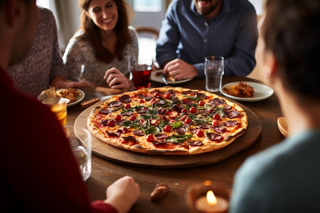 Una escena de cena familiar con una pizza de carne que se sirve