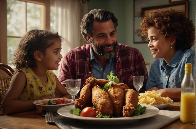 Foto una escena de cena familiar con pollo frito como el cente