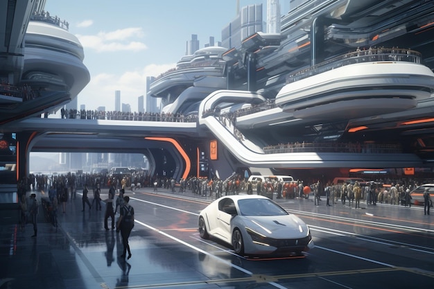 Escena de centro de transporte futurista con un elegante generativo ai
