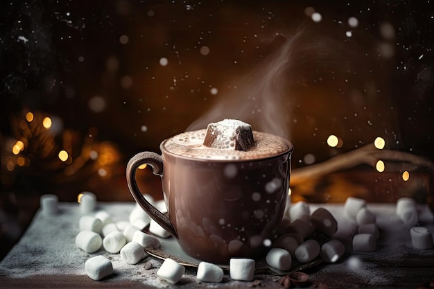 Escena de chocolate caliente y cacao con vapor saliendo de la taza contra un acogedor fondo de invierno