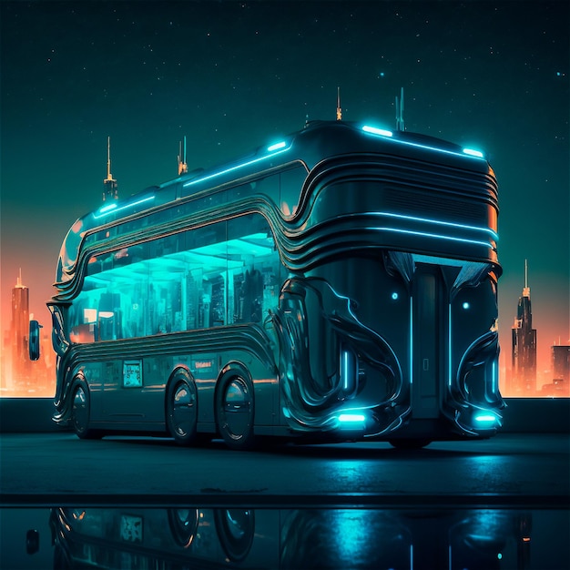 Escena de ciencia ficción de autobús autónomo futurista iluminado Enfoque selectivo generado por IA