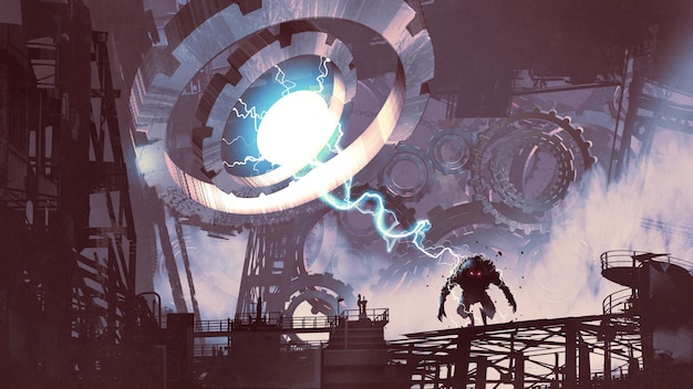 Escena de ciencia ficción de la máquina gigante con luz azul creando un monstruo en la antigua fábrica, estilo de arte digital, pintura de ilustración.