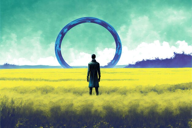 Escena de ciencia ficción que muestra a un hombre futurista parado en un campo mirando el planeta con anillos gigantes ilustración de estilo de arte digital pintura concepto de fantasía de un hombre de ciencia ficción en un campo