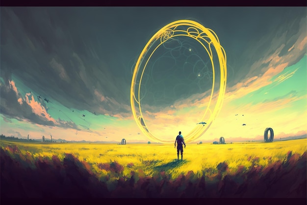 Foto escena de ciencia ficción que muestra a un hombre futurista parado en un campo mirando el planeta con anillos gigantes ilustración de estilo de arte digital pintura concepto de fantasía de un hombre de ciencia ficción en un campo