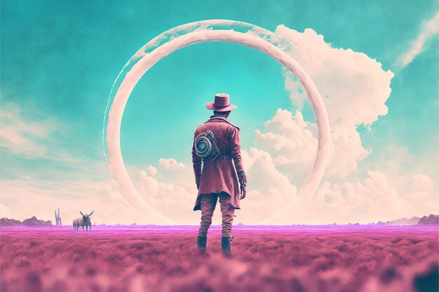Foto escena de ciencia ficción que muestra a un hombre futurista parado en un campo mirando el planeta con anillos gigantes ilustración de estilo de arte digital pintura concepto de fantasía de un hombre de ciencia ficción en un campo
