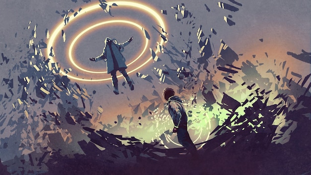 Escena de ciencia ficción que muestra la lucha de dos hombres futuristas con magia, estilo de arte digital, pintura de ilustración.