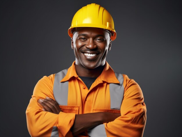 Escena cinematográfica Hombre africano con el puño en alto Sonriente ropa de ingeniero Claro brillante