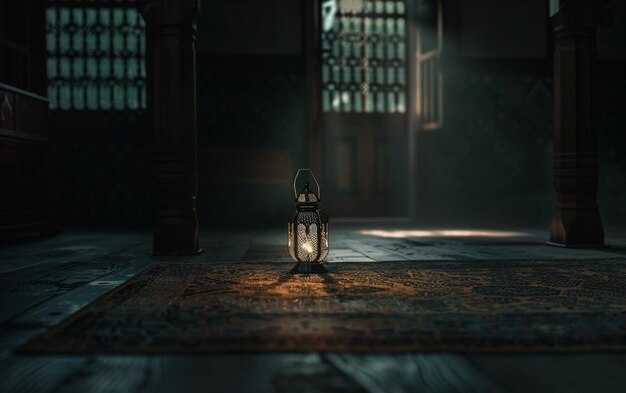 Una escena cinematográfica una linterna de Ramadán encendida en el medio con iluminación tenue