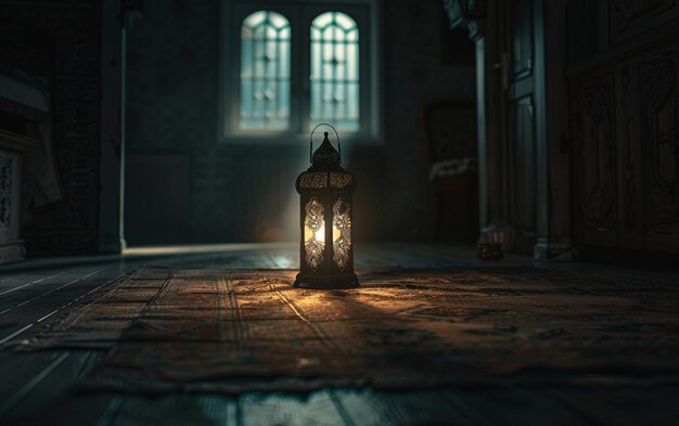 Foto una escena cinematográfica una linterna de ramadán encendida en el medio con iluminación tenue